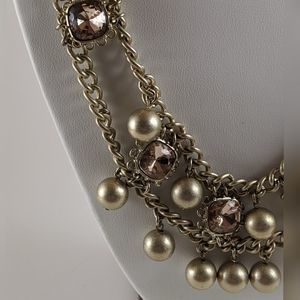 Gold Tone Ribbon Tie Topaz Pearl Dangle Necklace